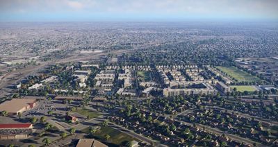 Wide aerial photo of Commerce City, CO neighborhoods